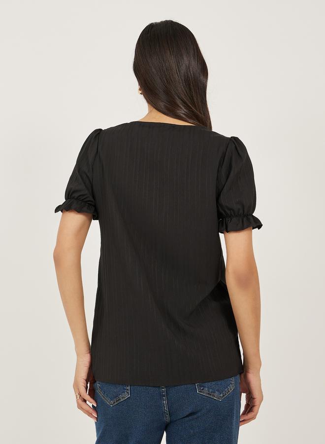 Styli Black Solid V-Neck Lace Top  - Image 5