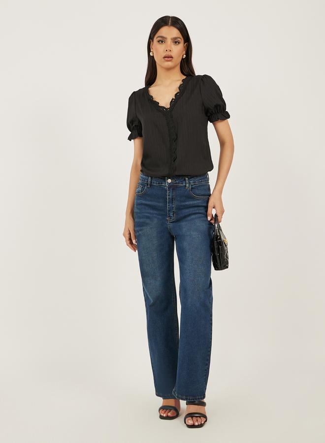 Styli Black Solid V-Neck Lace Top  - Image 3