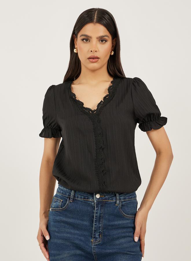 Styli Black Solid V-Neck Lace Top  - Image 1