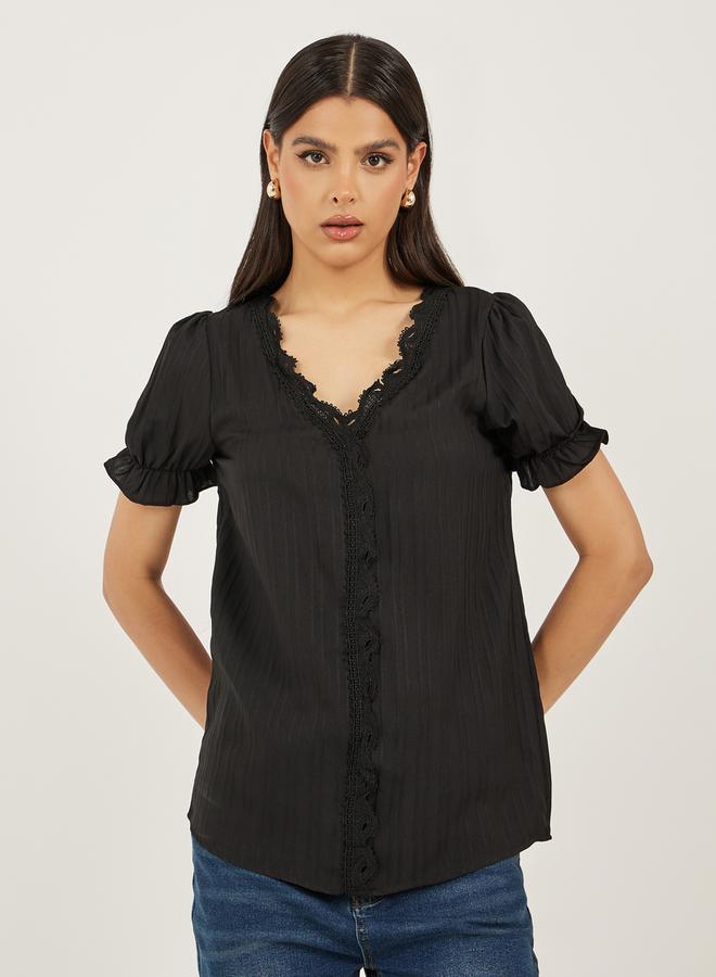 Styli Black Solid V-Neck Lace Top - Image 2