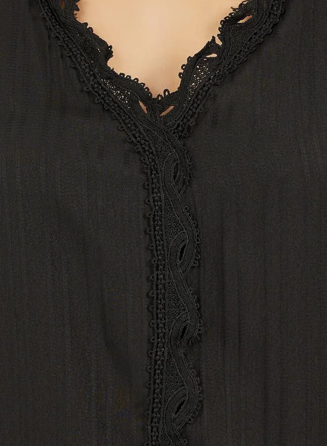 Styli  Styli Black Solid V-Neck Lace Top for Women | Best Price UAE