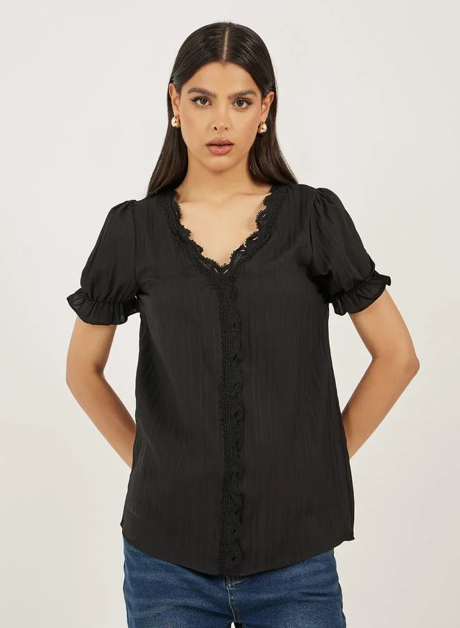 Styli Black Solid V-Neck Lace Top