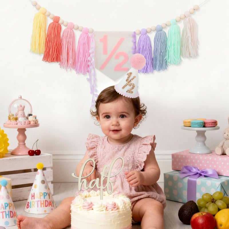 Ereniko Half Birthday Decorations,1/2 Birthday Girl Half Way To One Baby Girl Decorations Hat Cake Topper,6 Month Pastel Chair Banner,Happy Half Year Party Photoshoot Props - Image 5