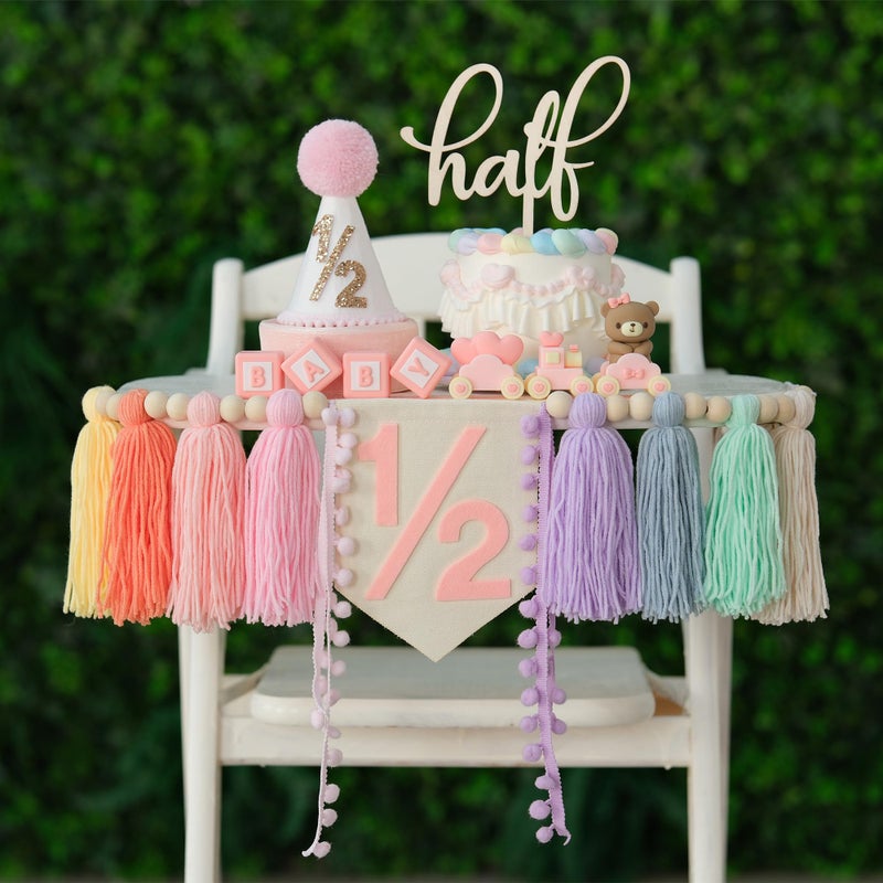 Ereniko Half Birthday Decorations,1/2 Birthday Girl Half Way To One Baby Girl Decorations Hat Cake Topper,6 Month Pastel Chair Banner,Happy Half Year Party Photoshoot Props - Image 1