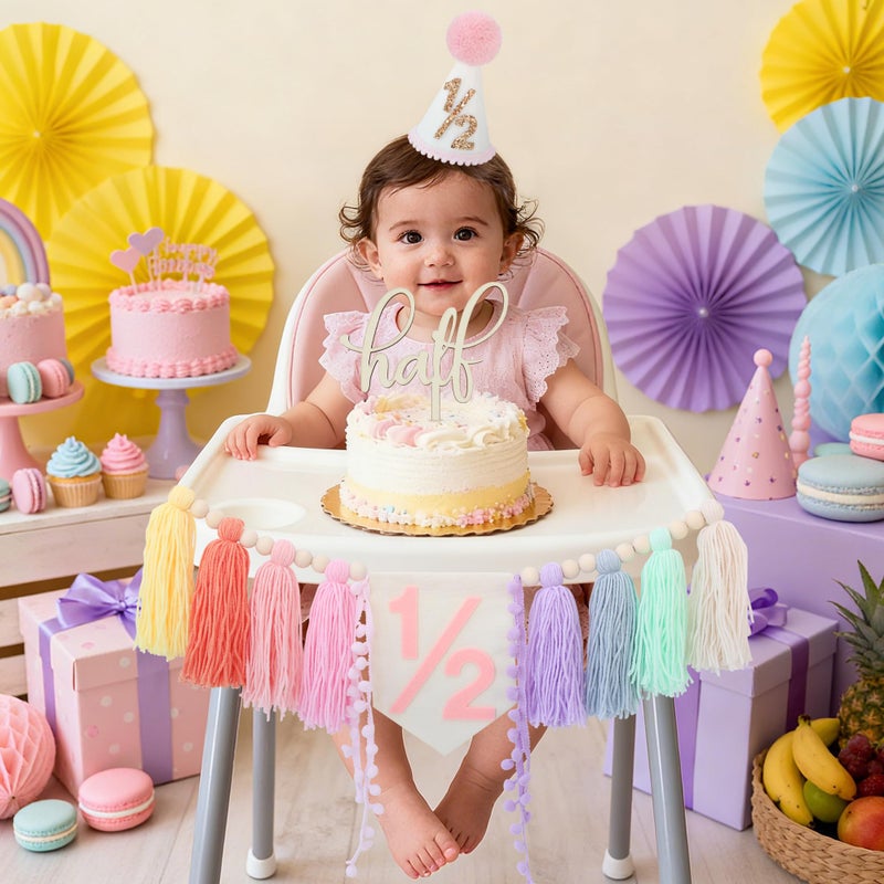 Ereniko Half Birthday Decorations,1/2 Birthday Girl Half Way To One Baby Girl Decorations Hat Cake Topper,6 Month Pastel Chair Banner,Happy Half Year Party Photoshoot Props - Image 4