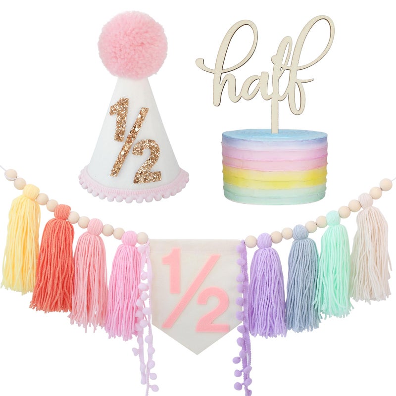 Ereniko Half Birthday Decorations,1/2 Birthday Girl Half Way To One Baby Girl Decorations Hat Cake Topper,6 Month Pastel Chair Banner,Happy Half Year Party Photoshoot Props - Image 2