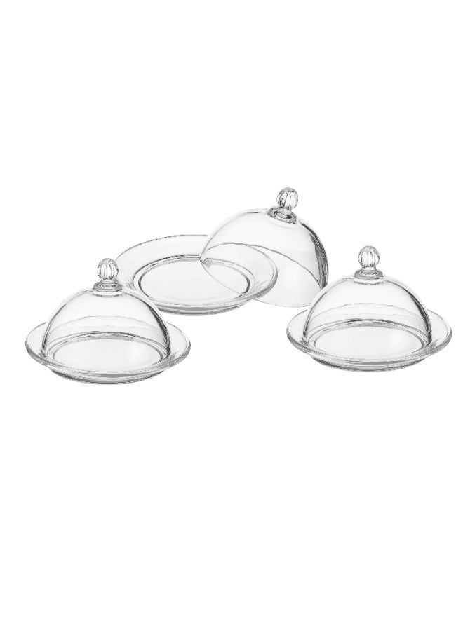 إيليجانت 🧁 طقم صحون تقديم زجاج سادة بغطاء | للكب كيك والحلويات والتمر – 3 قطع | 10 سم ✨ - Image 2