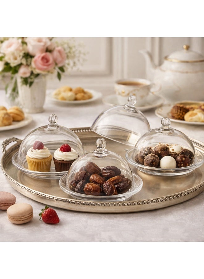 إيليجانت 🧁 طقم صحون تقديم زجاج سادة بغطاء | للكب كيك والحلويات والتمر – 3 قطع | 10 سم ✨ - Image 1