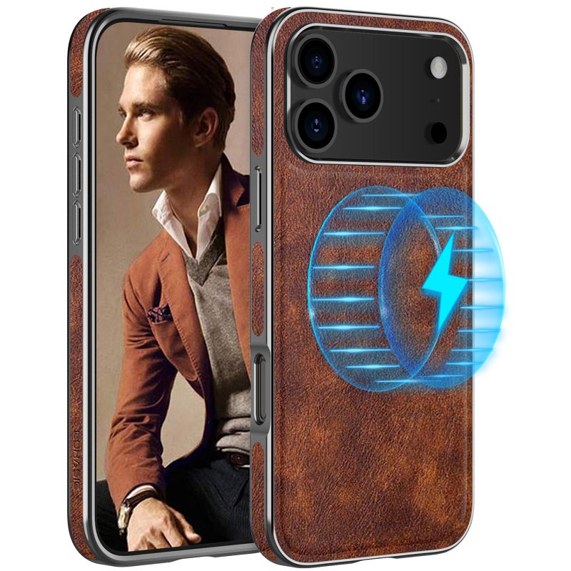 LOHASIC for iPhone 17 Pro Max Leather Case Compatible with MagSafe Vintage Elegant PU Metal Bumper Trim Protective Phone Cover Magnetic Case for iPhone17 Pro Max 69 2025 Retro Brown - Image 2