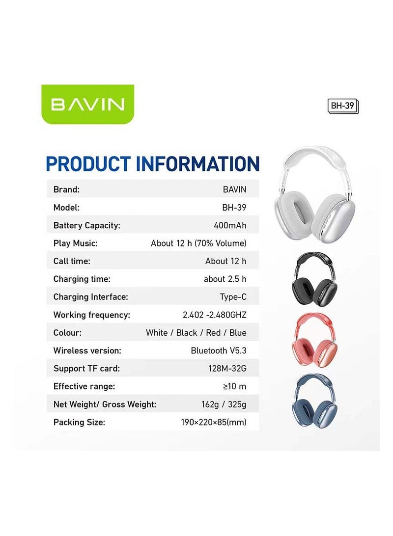 Bavin Bavin BH39 Wireless Bluetooth Headphones With Intelligent Noise Cancellation And Built-In High Quality Mic for Hands-Free Calls White  - Image 3