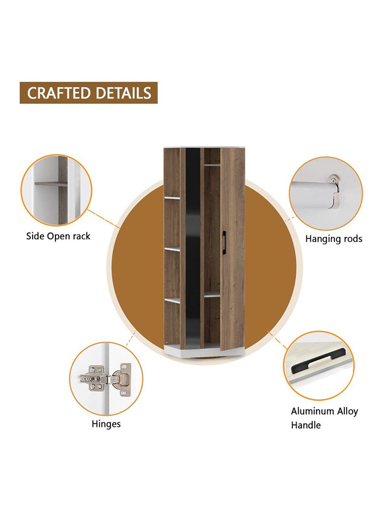 Mahmayi Mahmayi Modern Single Door Wardrobe with 3 Open Side Shelves, Mirror and Hanging Rods Efficient Storage for Home, Bedroom Tobacco Halifax Oak  - Image 5