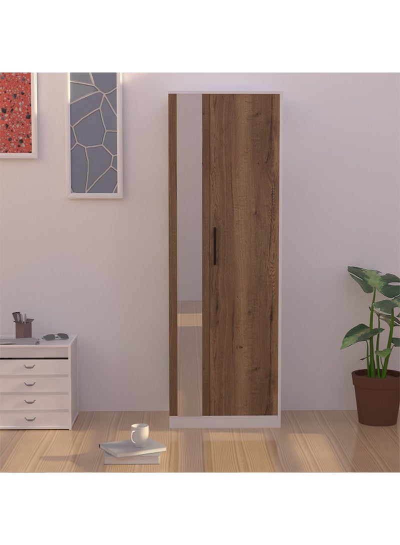 Mahmayi Mahmayi Modern Single Door Wardrobe with 3 Open Side Shelves, Mirror and Hanging Rods Efficient Storage for Home, Bedroom Tobacco Halifax Oak  - Image 3