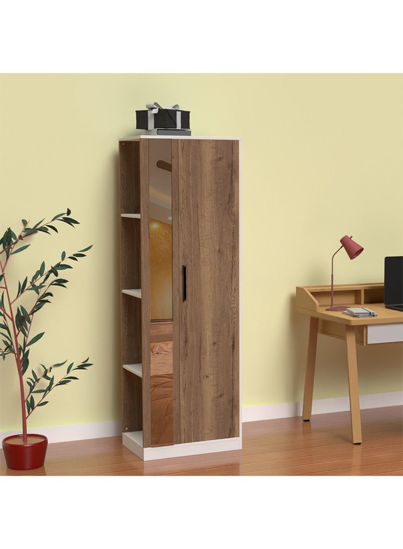 Mahmayi Mahmayi Modern Single Door Wardrobe with 3 Open Side Shelves, Mirror and Hanging Rods Efficient Storage for Home, Bedroom Tobacco Halifax Oak  - Image 2