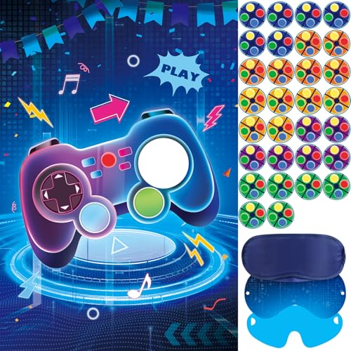 Hxezoc Pin The Button On The Video Party Game With 36 Pcs Video Game Button Stickers Large Video Game Poster for Kids Boys Game Theme Birthday Party Carnival Party Supplies - Image 1