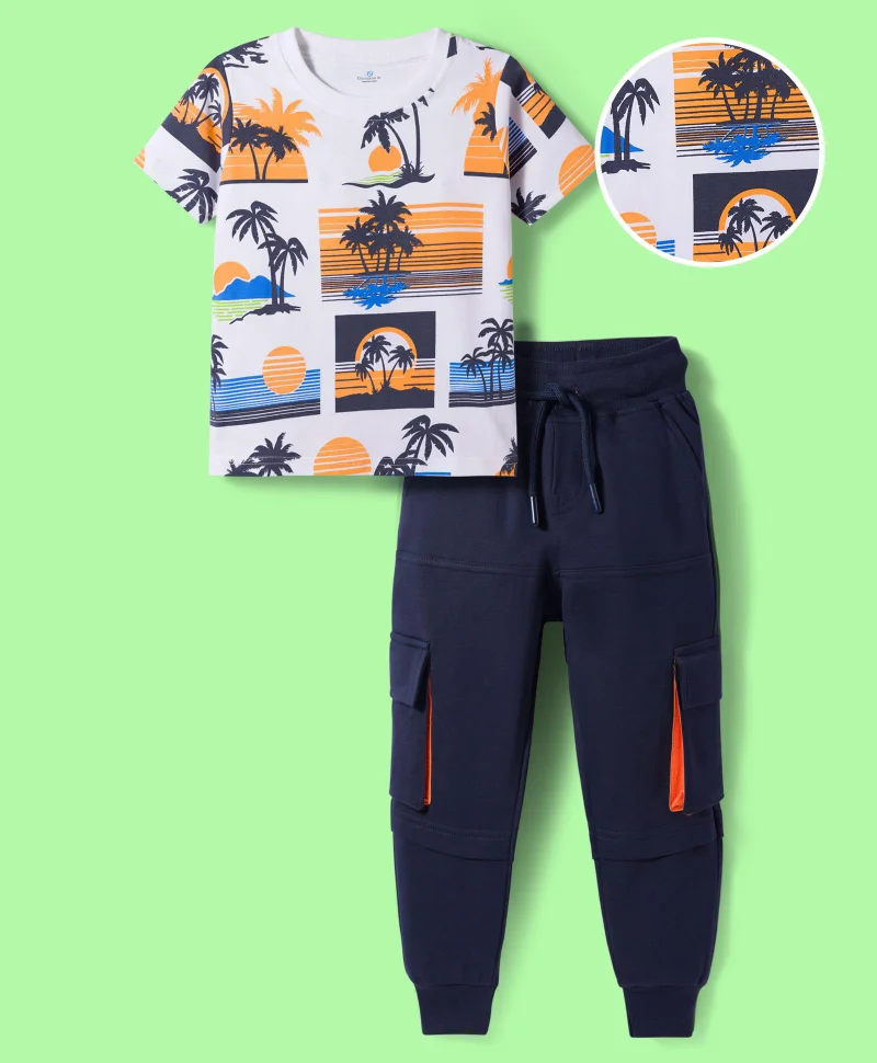 Ollington St. Ollington St. Cotton Knit Half Sleeve Beach Printed T- Shirt & Joggers Set - White & Navy Blue