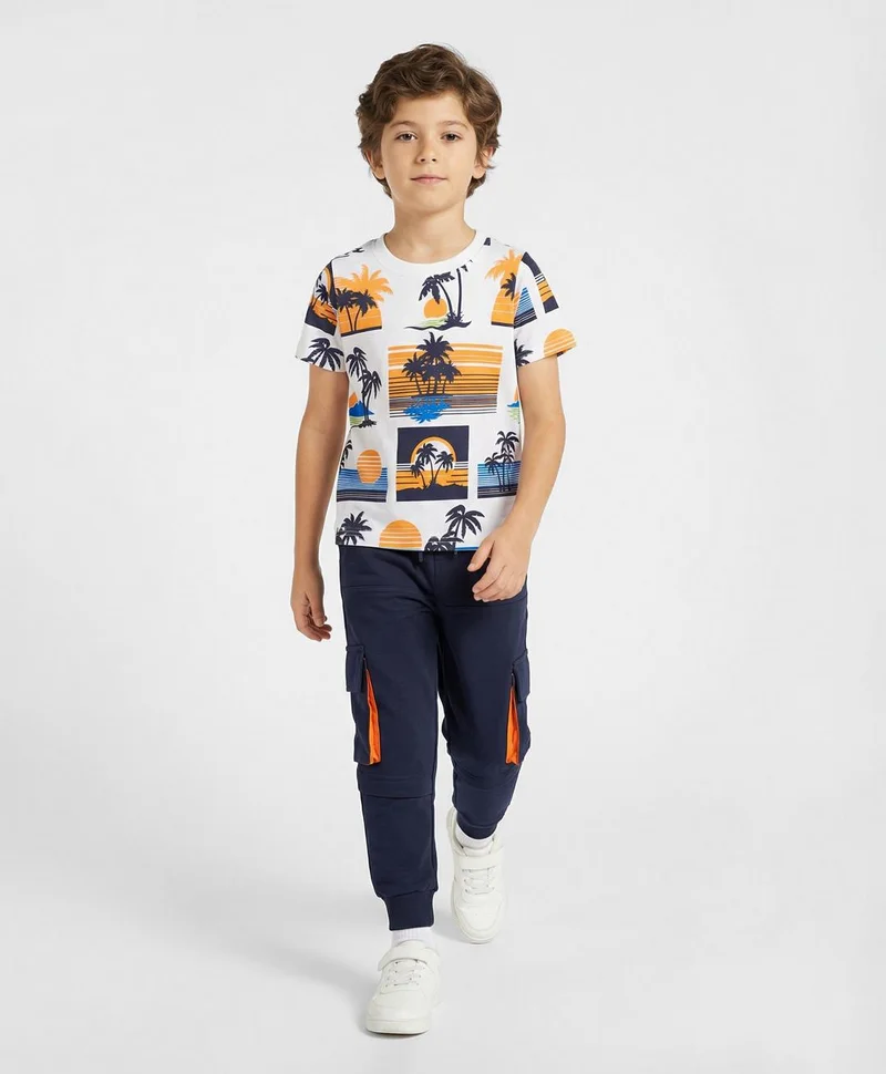 Ollington St. Ollington St. Cotton Knit Half Sleeve Beach Printed T- Shirt & Joggers Set - White & Navy Blue