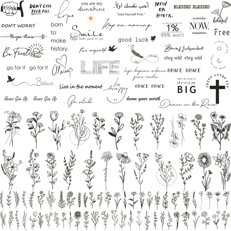 Zeecdatoo 160+ PCS 74 Sheets Realistic Three Types Fake Temporary Tattoos, Include 40 Sheets Inspirational Quotes Words Tattoos, 22 Sheets Wild Flower Tattoos, 12 Sheets Small Flower Tattoo Stickers For Women - Image 1
