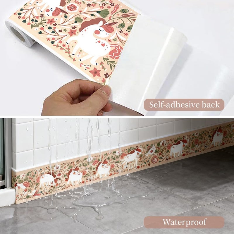 HASTHIP ® 0.32ft x 9.84ft Cartoon Pink Unicorn Floral Wallpaper Border, Decorative Peel and Stick Waterproof PVC Wall Border Sticker - Image 4