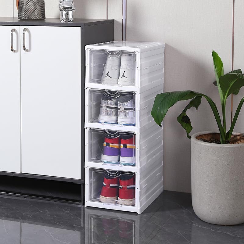 SQUICKLE Foldable Shoe Organizer Stackable Shoe Box Shoes Storage Box With Clear Door MultiLayer Shoes Rack For Closet Heels Boots Slippers With Lids 4 Layer - Image 1