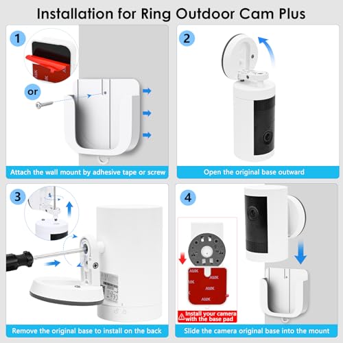 ALERTCAM No Drill Wall Mount for Ring Outdoor Cam Plus, Easy Installation with Strong Adhesive Tape or Screws, Indoor Camera Mount for Ring Camera, 2Pack, White - Image 3
