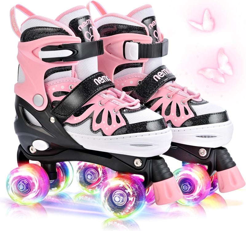 NEMONE Adjustable Light Up Roller Skates for Girls - Butterfly Design, 4 Size Adjustable for Kids Ages 4-12, Indoor/Outdoor - Image 1