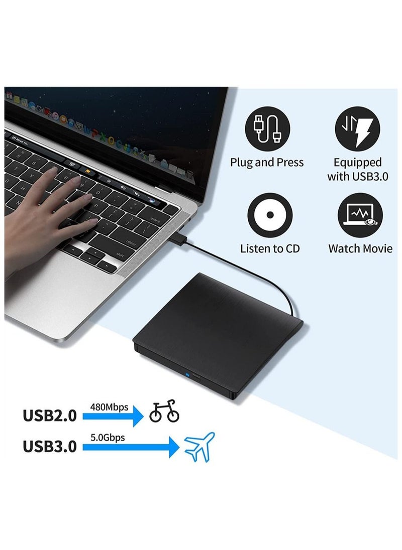 External DVD Drive, External DVD/CD ROM Writer for Laptop or Desktop, USB 3.0 Slim Portable CD DVD +/-RW Optical Drive Compatible with Windows XP/7/8/10, Mac OS, Linux