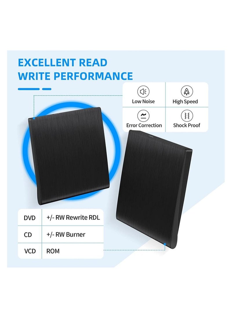 External DVD Drive, External DVD/CD ROM Writer for Laptop or Desktop, USB 3.0 Slim Portable CD DVD +/-RW Optical Drive Compatible with Windows XP/7/8/10, Mac OS, Linux