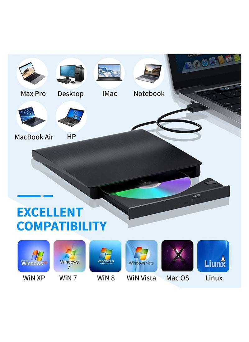 External DVD Drive, External DVD/CD ROM Writer for Laptop or Desktop, USB 3.0 Slim Portable CD DVD +/-RW Optical Drive Compatible with Windows XP/7/8/10, Mac OS, Linux