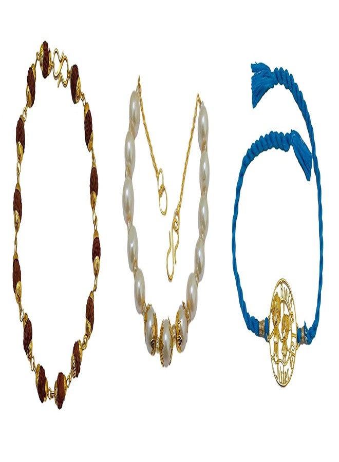 athizay bhaiya bhabhi bhatija rakhi غلاف نحاسي خرز رودراكش Bhaiya rakhi + غلاف خرز موتي أبيض لومبا Bhabhi Raakhi + قرص نحاسي خيط أزرق للأطفال rakhee - Image 1