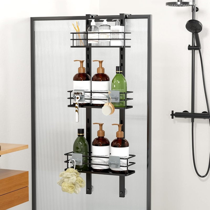 Orimade Adjustable Hanging Over the Shower Door Caddy with Hooks, Bathroom Organizer Shelf Storage Rack,No Drilling Rustproof Shower Basket for Inside Shower, Matt Black 3 Tier - Image 1