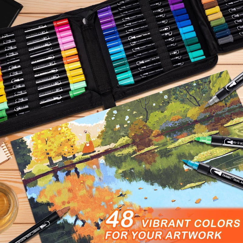 TANMIT 48 Colors Acrylic Paint Pens, Dual Tip Acrylic Paint Markers with Brush Tip and Fine Tip, Acrylic Pens for Rock Painting, Wood, Canvas, Stone, Glass, Ceramic,DIY Crafts Making Art Supplies - Image 3