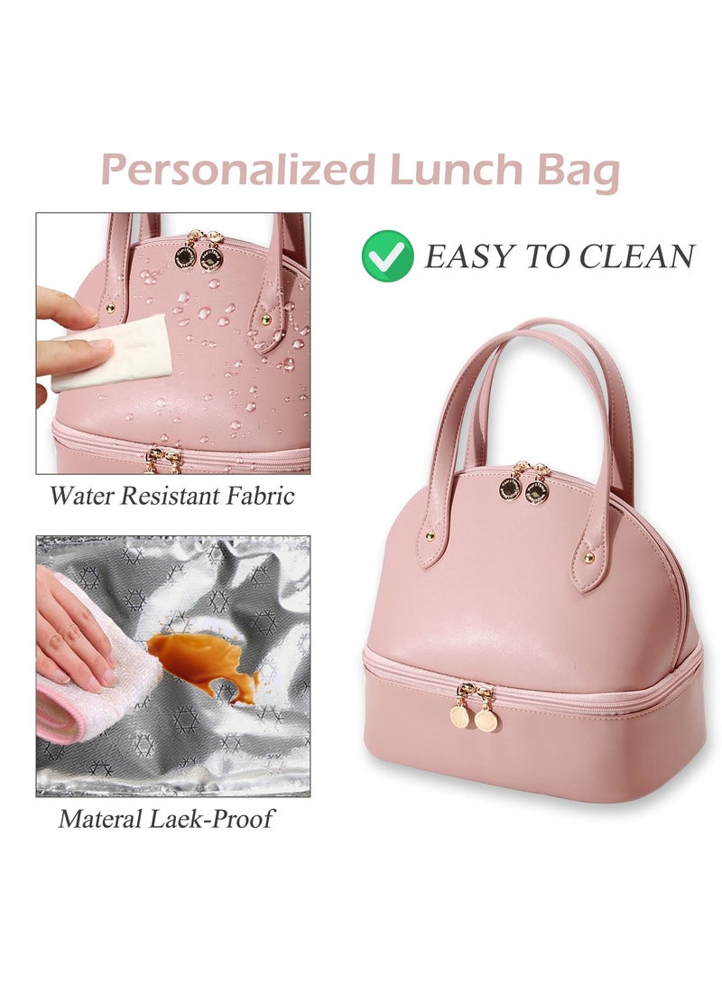 SYOSI SYOSI Lunch Bag for Women, Large Capacity Insulated Lunch Bag with Double Decker Waterproof PU Leather Simple Modern Style Lunch Bag for Work, Picnic, Travel (Pink)  - Image 5