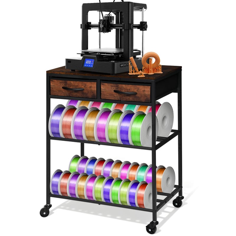 Srora 3D Printer Filament Storage Shelf with Drawers& Wheels, Heavy Duty 2-Tier 3D Printer Filament Metal Stand with Storage, Adjustable Filaments Organzied Rack for Workshop Studio Office, 4 Leveling Feet - Image 1