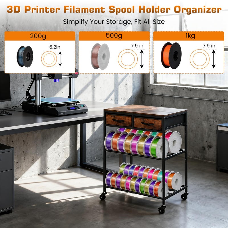 Srora 3D Printer Filament Storage Shelf with Drawers& Wheels, Heavy Duty 2-Tier 3D Printer Filament Metal Stand with Storage, Adjustable Filaments Organzied Rack for Workshop Studio Office, 4 Leveling Feet - Image 4