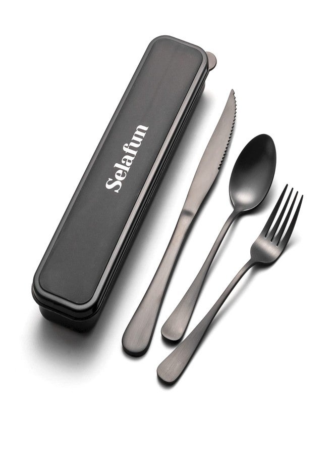 Selafun 4-pieces Travel Set with Case Portable Silverware Utensils Set for work, Stainless Steel Reusable Flatware Set Cutlery Set for Camping Picnic Hiking Office (6.7inch, Matte Black) - Image 1