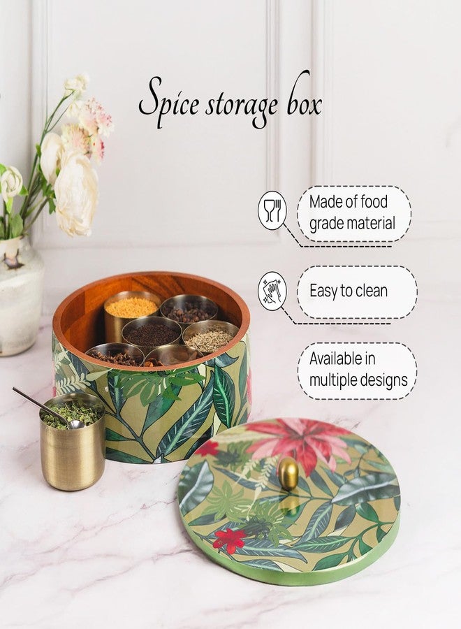 nestroots Wooden Masala Box for Kitchen | 9-Inch Spice Organizer with 7 Stainless Steel Jars | Anjarai Petti | Masala Dani for Spices, Dry Fruits & Cereals | Pink Finish - Image 4