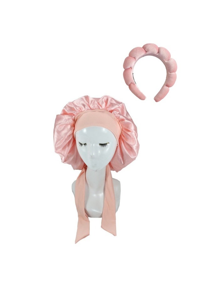ILovhaprty 2pcs Pink Satin Bonnet for Women 1 Hair Bonnet for Sleeping and 1 Headband Tie Band Hair Bonnet for Sleeping, Layered Silk Sleeping Nightcap etc Sleep Accessory - Image 1