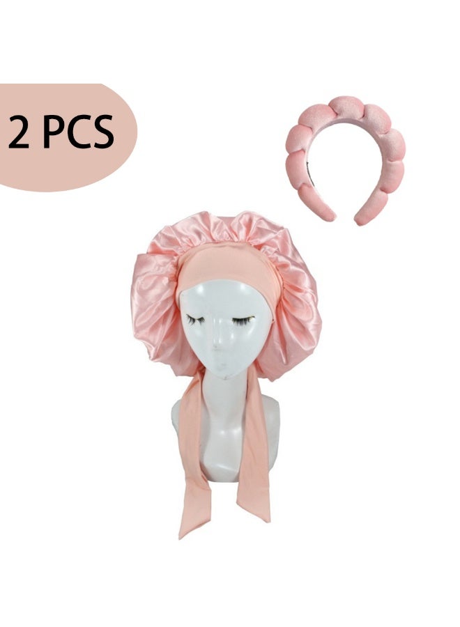 ILovhaprty 2pcs Pink Satin Bonnet for Women 1 Hair Bonnet for Sleeping and 1 Headband Tie Band Hair Bonnet for Sleeping, Layered Silk Sleeping Nightcap etc Sleep Accessory - Image 2