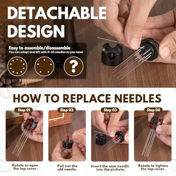 NALACAL أداة توزيع الإسبريسو أداة توزيع الإسبريسو أدوات تحريك الإسبريسو موزع القهوة مع 10 إبر إضافية قابلة للاستبدال 0.4 مم لباريستا أسود غير لامع - Image 4