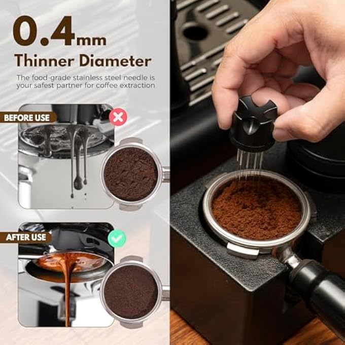 NALACAL أداة توزيع الإسبريسو أداة توزيع الإسبريسو أدوات تحريك الإسبريسو موزع القهوة مع 10 إبر إضافية قابلة للاستبدال 0.4 مم لباريستا أسود غير لامع - Image 3