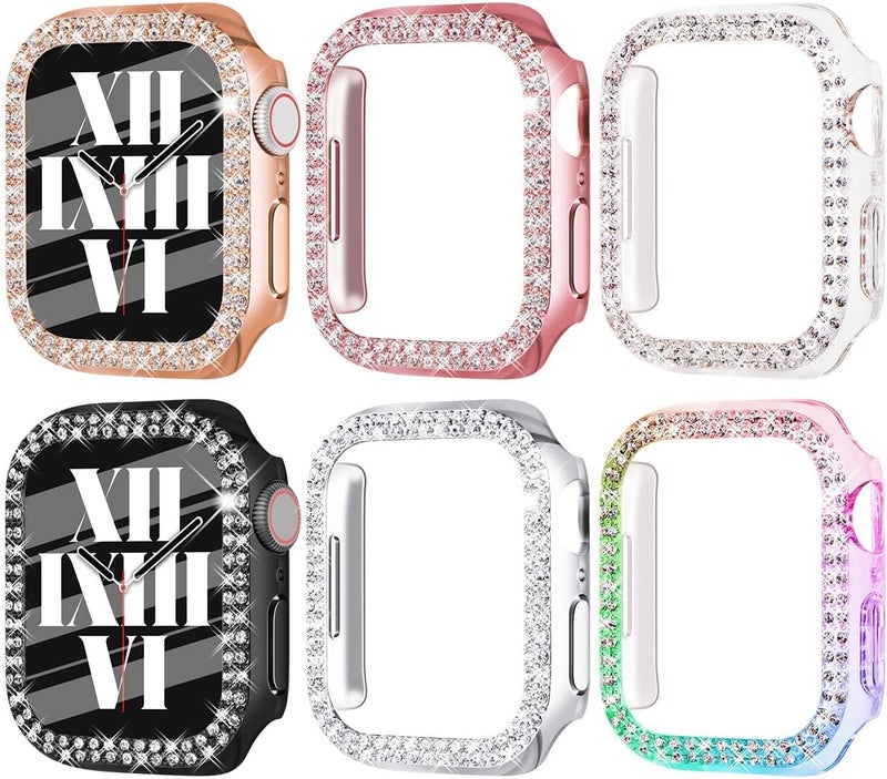 FULLIFE 6-Pack Crystal Rhinestone Bumper with Apple Watch Series 7 Case 41mm 45mm Bling Face Cover Sparkling Frame for iWatch Women Girls (41mm, Black/Silver/Rosegold/Pink/Rainbow/Clear) - Image 1