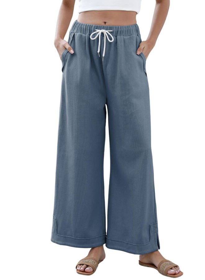 Springrain Womens Baggy Wide Leg Pants Casual Loose Cotton Drawstring Elastic Waisted Palazzo Pants with Pockets, Dustyblue, M - Image 1