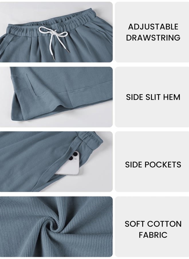 Springrain Womens Baggy Wide Leg Pants Casual Loose Cotton Drawstring Elastic Waisted Palazzo Pants with Pockets, Dustyblue, M - Image 5