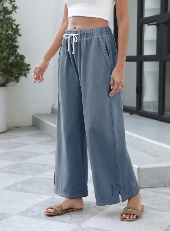 Springrain Womens Baggy Wide Leg Pants Casual Loose Cotton Drawstring Elastic Waisted Palazzo Pants with Pockets, Dustyblue, M - Image 3