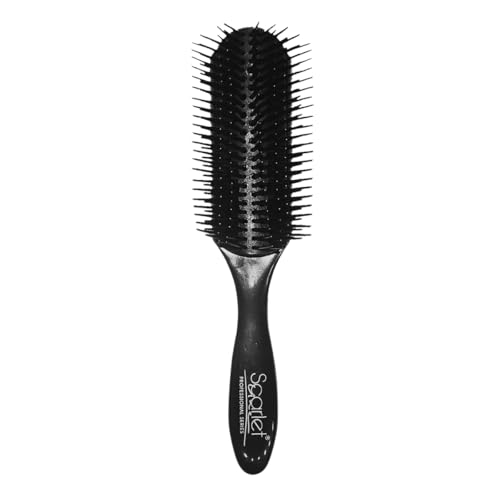 Scarlet Line Professional 9 Rows Curved Shape Ball Tip Bristles Vented Flat Hair Styling Brush with Plastic Handle Ideal for Men and Women, Black - Image 1