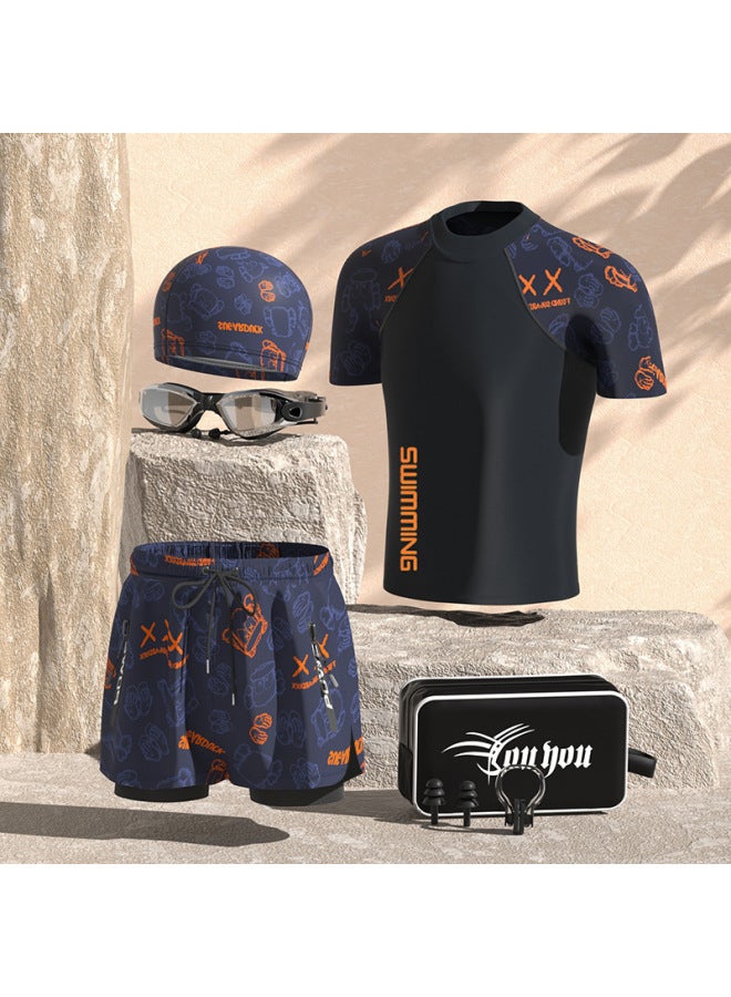 Generic Swimwear Men's Professional Anti-embarrassment Large Size Loose Double-layer Swimming Trunks Sunscreen Hot Spring Full Body Men's Swimwear Suit-Color:Orange Bear Seven-piece Set [swimsuit + Swimming Trunks + Swimming Cap + Swimming Goggles + Swimming Bag + Nose Clip + Earplugs]]-Size:L (weight 47.50 Kg-57.50 Kg  - Image 1