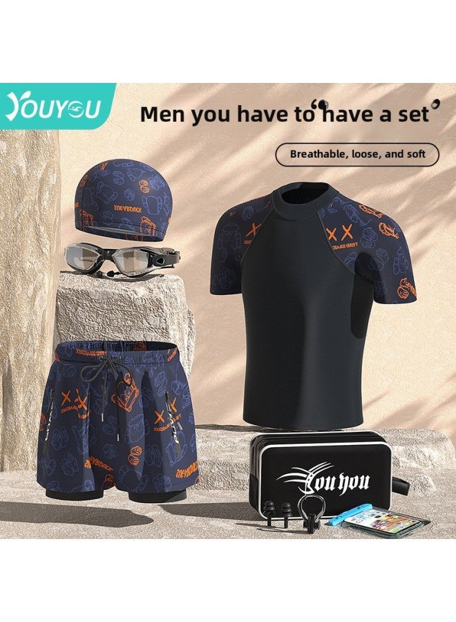 Generic Swimwear Men's Professional Anti-embarrassment Large Size Loose Double-layer Swimming Trunks Sunscreen Hot Spring Full Body Men's Swimwear Suit-Color:Orange Bear Seven-piece Set [swimsuit + Swimming Trunks + Swimming Cap + Swimming Goggles + Swimming Bag + Nose Clip + Earplugs]]-Size:L (weight 47.50 Kg-57.50 Kg  - Image 2