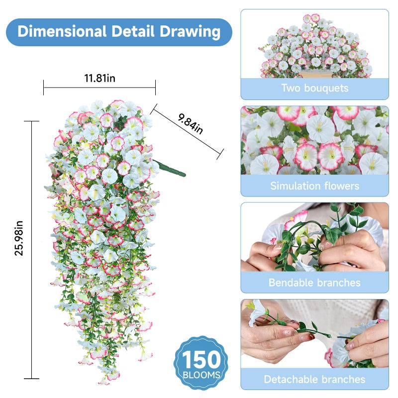 Julako Artificial Hanging Flowers for Outdoors, 2 PCS 300 Blooms UV Resistant Morning Glory Faux Silk Vines, No-Odor Realistic Fake Plants for Garden Planter Porch Patio Decoration, Blue & White - Image 3