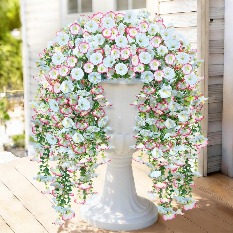 Julako Artificial Hanging Flowers for Outdoors, 2 PCS 300 Blooms UV Resistant Morning Glory Faux Silk Vines, No-Odor Realistic Fake Plants for Garden Planter Porch Patio Decoration, Blue & White - Image 1