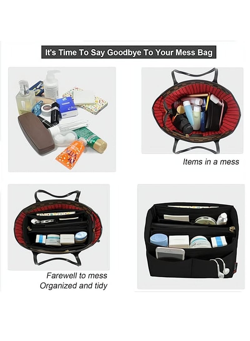 Purse Organizer Insert, Women Felt Bag Organizer Insert, Multi-Pocket Bag in Bag for Womens Handbag Travel Tote Hobo Bag Storage Purse Liner Divider for Any Brand Tote (Black - L Size)